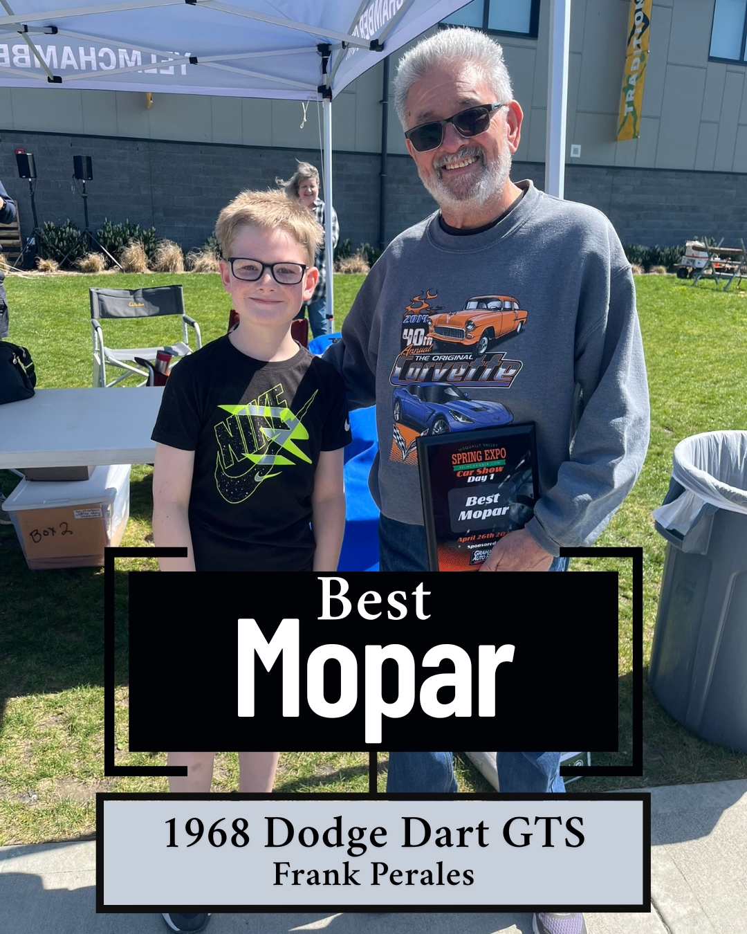 Best Mopar winner Frank Perales with 1968 Dodge Dart GTS and car show award